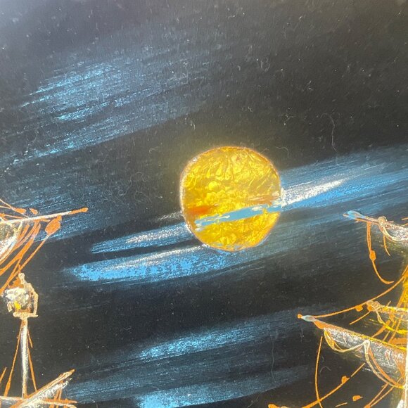 1960s 1970s Velvet Vintage Hand Painted Pirate Ship Nautical Ship Scene Art In O - Picture 5 of 11